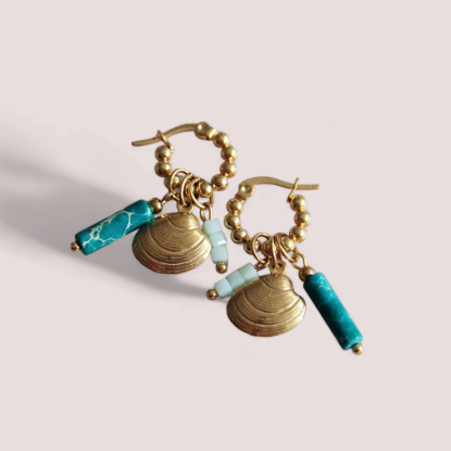 Afbeeldingen van Bol creool met buisje, schelp facet - mint/smaragd/goud