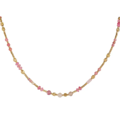 Afbeeldingen van Ketting stenen & kralen - roze & goud 