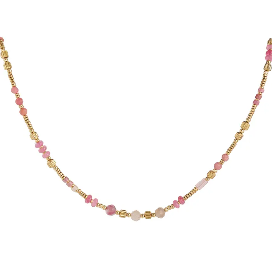 Afbeeldingen van Ketting stenen & kralen - roze & goud 