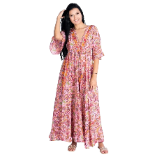 Afbeeldingen van Boho Casual chique roze jurk met mouwen