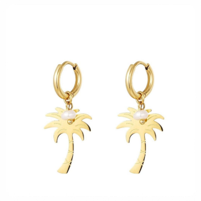 Afbeeldingen van Palmboom oorbellen - parel  goud Stainless Steel - kopiëren