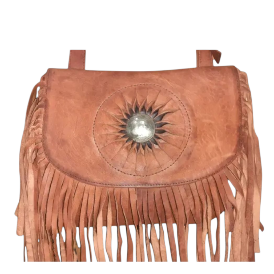 Afbeeldingen van Boho Tas leer zon,  bruin franjes