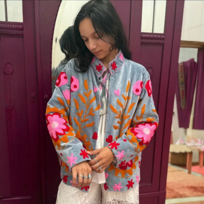 Afbeeldingen van Velvet jacket pink light grey