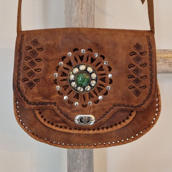 Afbeeldingen van Boho Tas leer met gekleurde steen 
