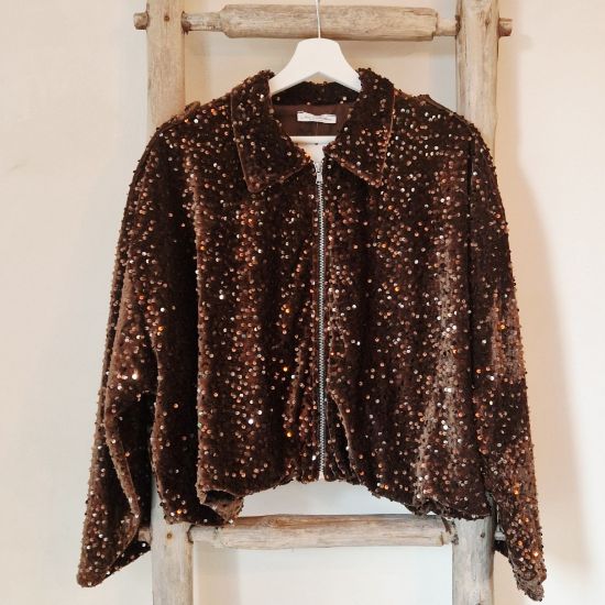 Afbeeldingen van Fluwelen jasje met pailletten bruin
