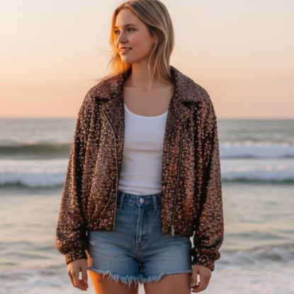 Afbeeldingen van Fluwelen jasje met pailletten bruin