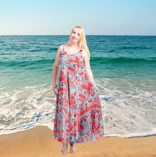 Afbeeldingen van Plus size lange jurk met lichtblauwe achtergrond en rode print