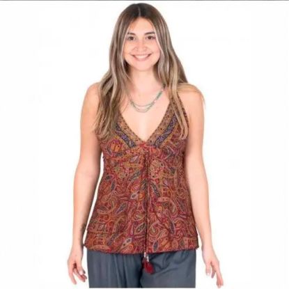 Afbeeldingen van Top met paisleyprint en zijden bandjes