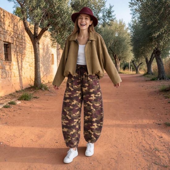 Afbeeldingen van Ballonbroek van suedine met camouflageprint bordeaux 
